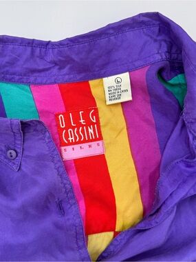 Oleg Cassini Purple Silk Shirt with Multicolor Striped Back and Lining